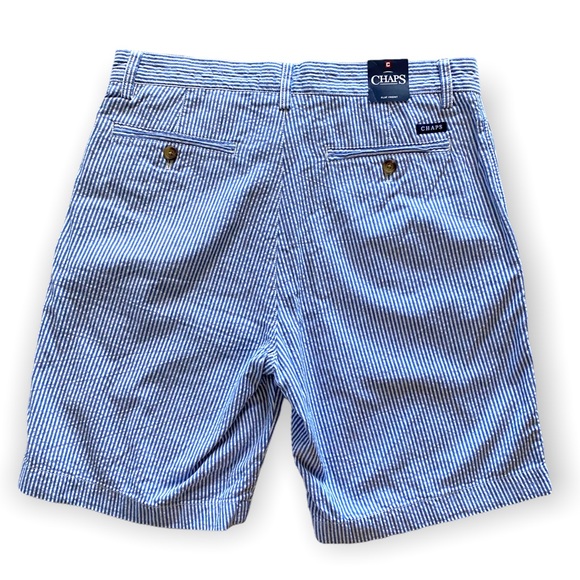 Chaps Seersucker High Waist Blue & White Pinstriped Long Flat Front Shorts - Picture 10 of 10